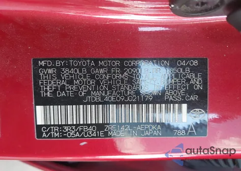 2009 Toyota Corolla Le из США, поврежденный, VIN JTDBL40E09J021179